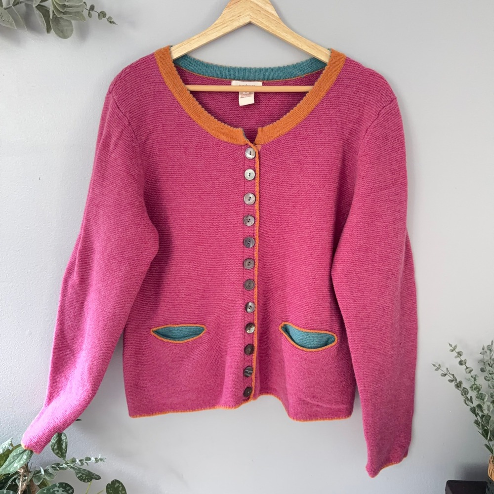 Sundance Pink Merino Wool Coquette Artsy Button Front Cardigan Sweater Wmns L